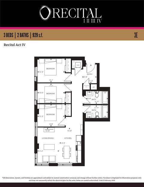 Floor plan for 3 beds, 2 baths, 832 sqft